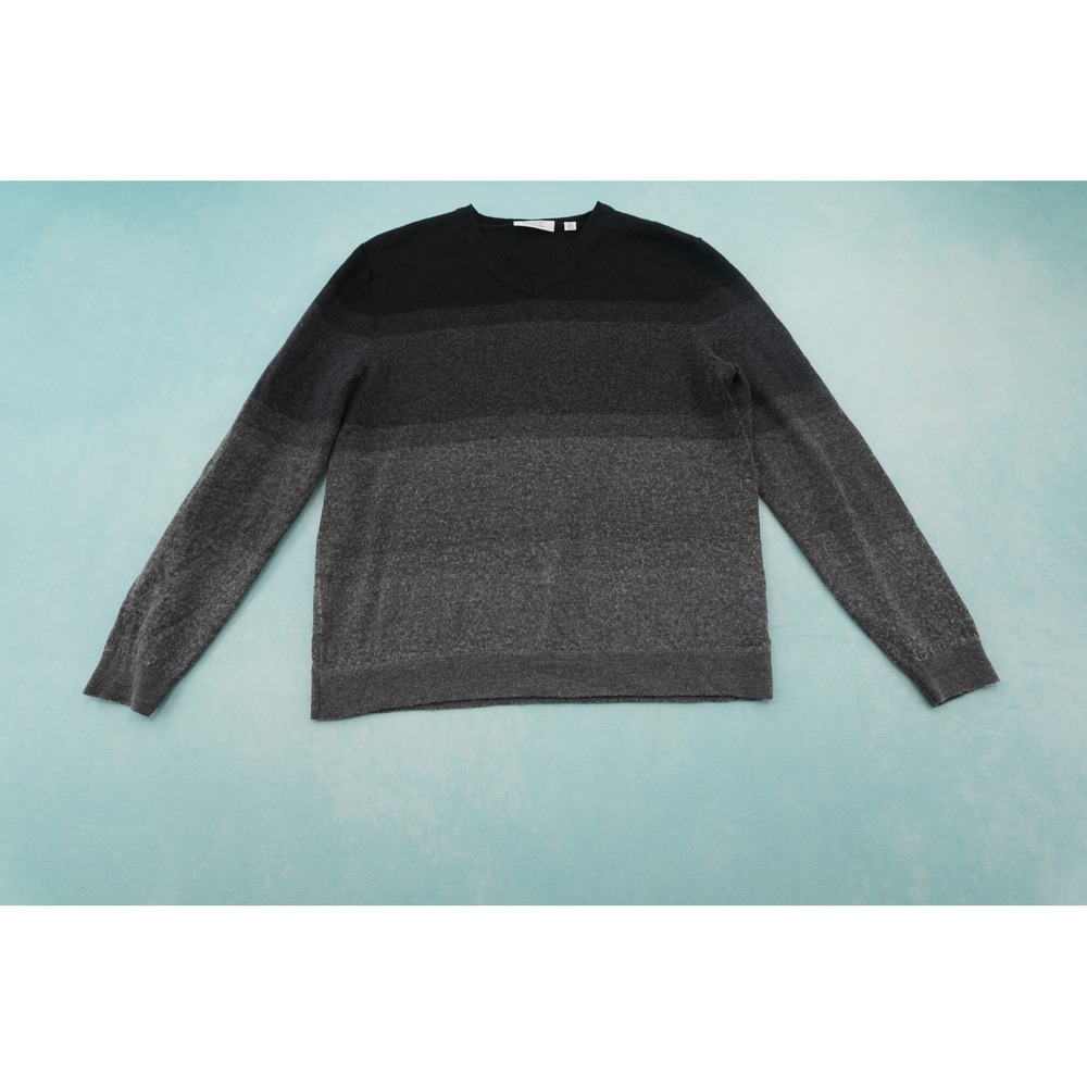 Calvin Klein Mens M Merino Wool Blend V Neck Sweater Black Gray Ombre Pullover